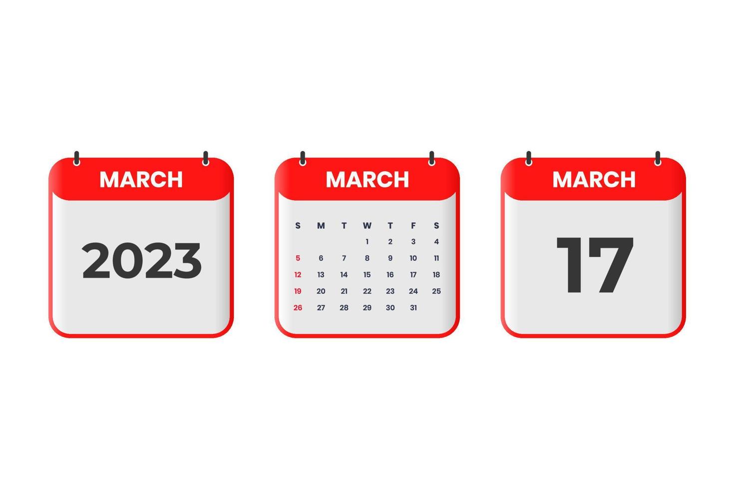 March 2023 calendar design. 17th March 2023 calendar icon for schedule, appointment, important date concept vector