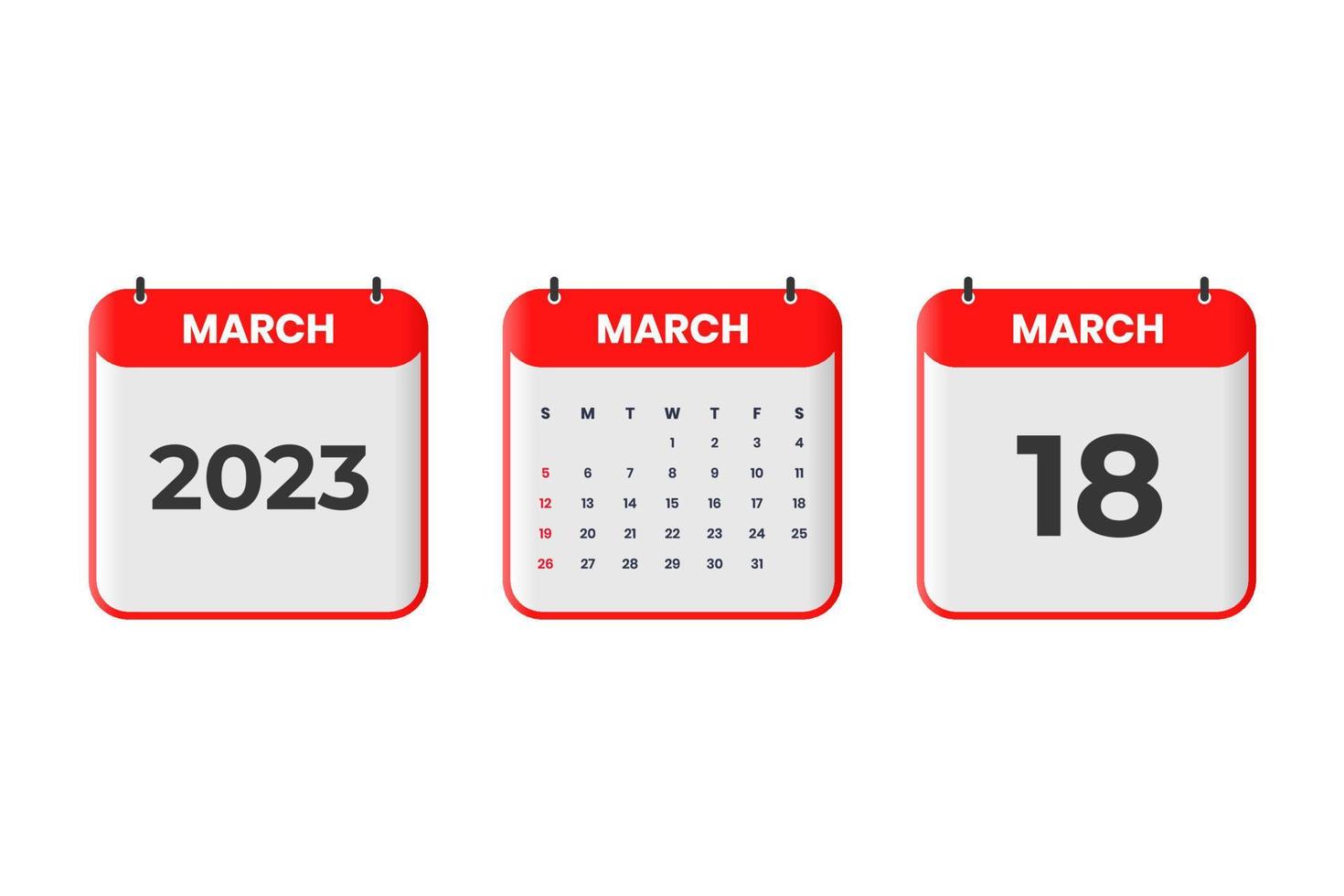 March 2023 calendar design. 18th March 2023 calendar icon for schedule, appointment, important date concept vector
