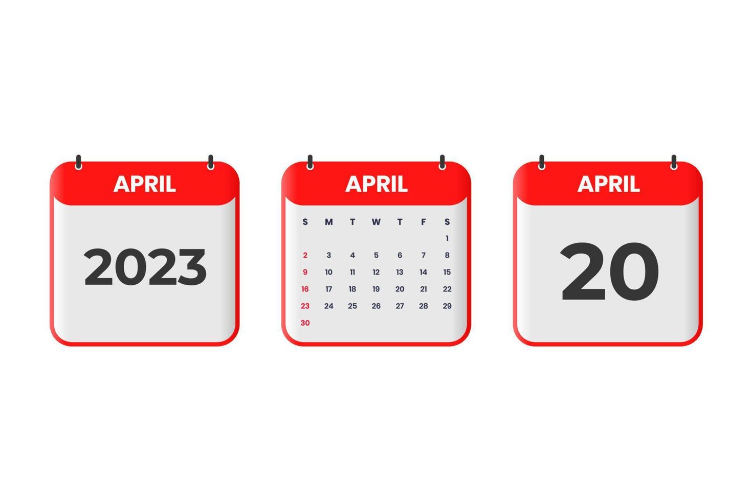 April 2023 calendar design. 20th April 2023 calendar icon for schedule, appointment, important date concept vector