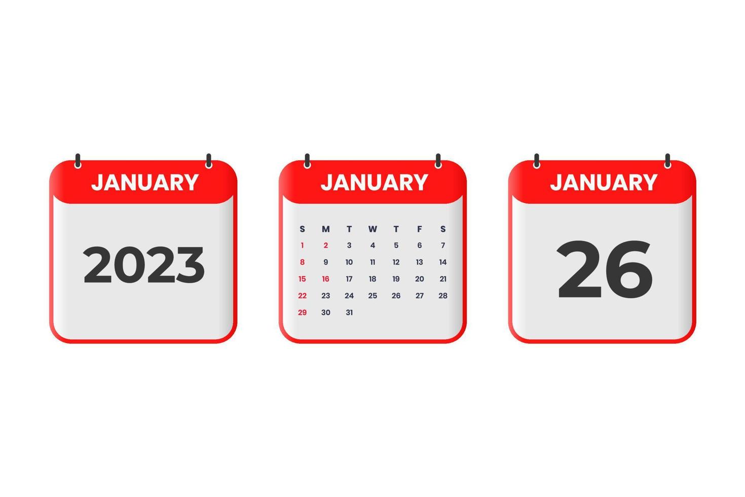 January 2023 calendar design. 26th January 2023 calendar icon for schedule, appointment, important date concept vector