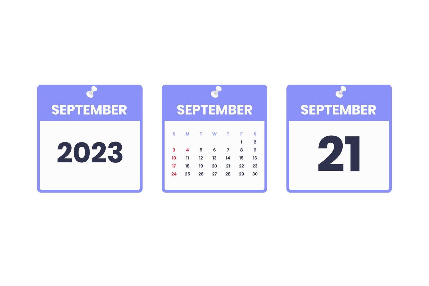 diseño de calendario de septiembre. 21 de septiembre de 2023 icono de calendario para horario, cita, concepto de fecha importante vector