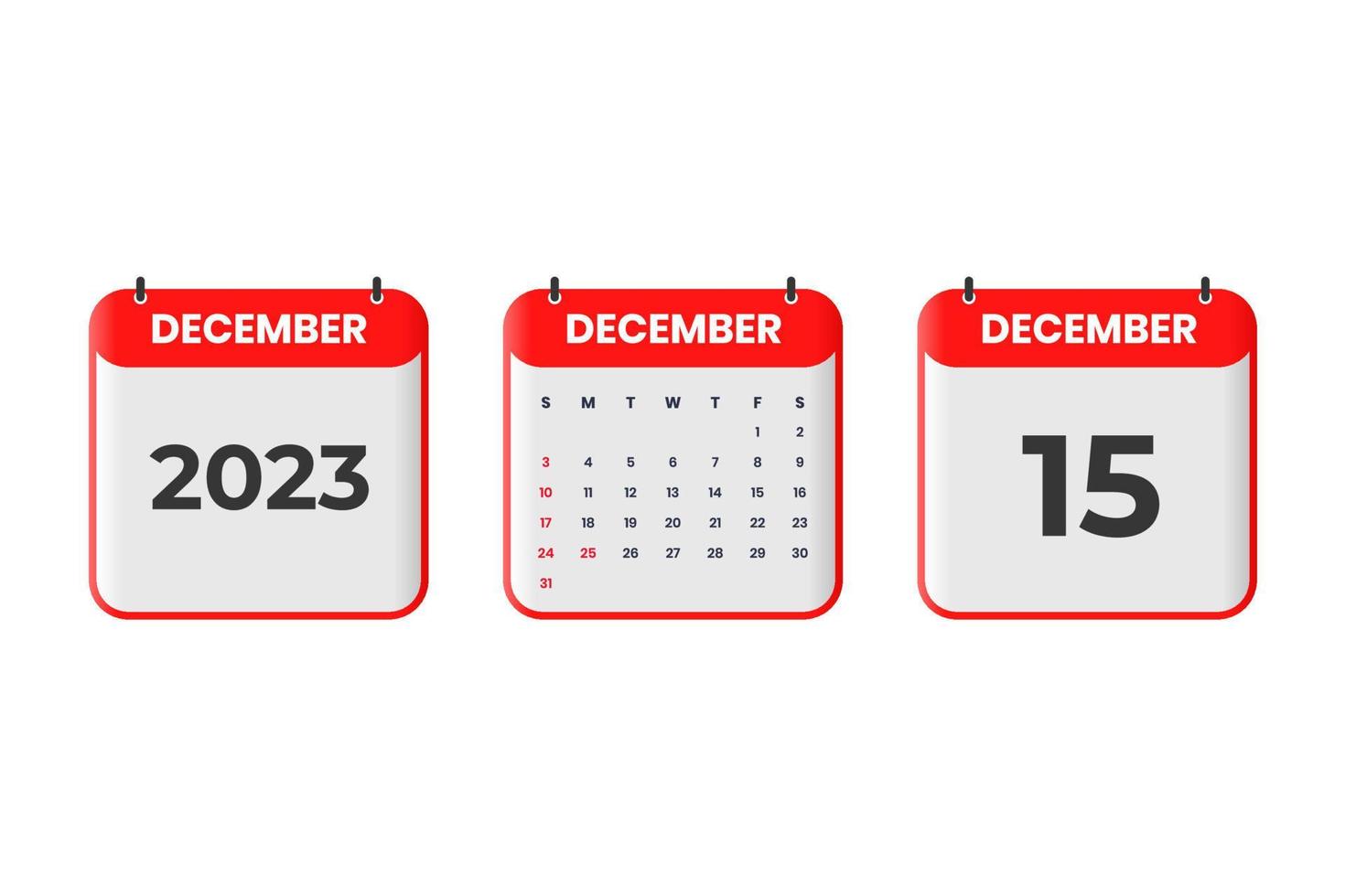 December 2023 calendar design. 15th December 2023 calendar icon for