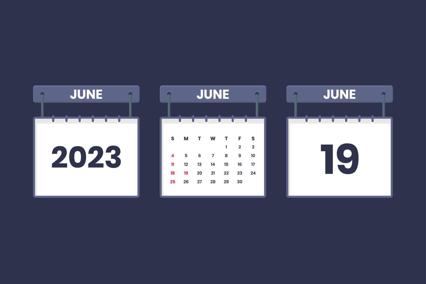 19 June 2023 calendar icon for schedule, appointment, important date concept vector