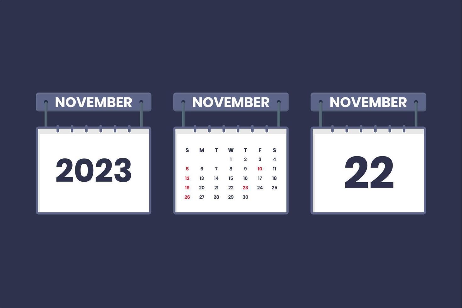 22 November 2023 calendar icon for schedule, appointment, important date concept vector