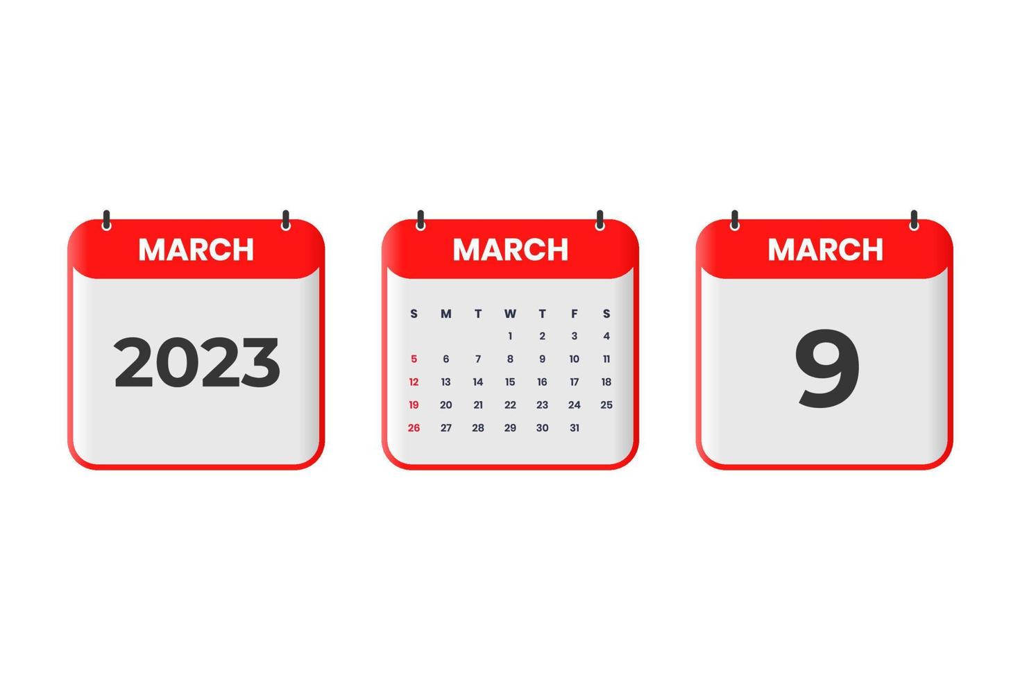 March 2023 calendar design. 9th March 2023 calendar icon for schedule, appointment, important date concept vector