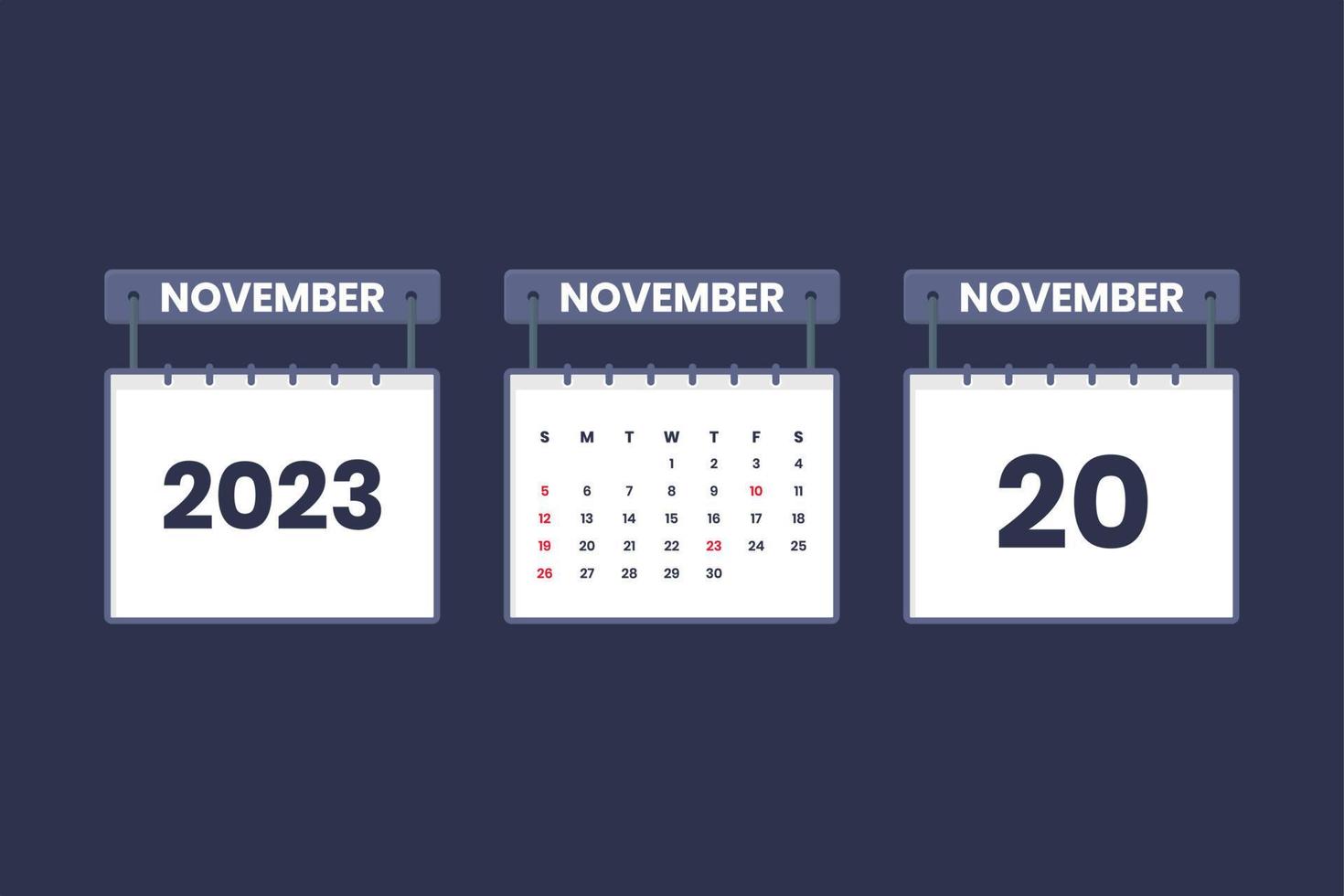 20 November 2023 calendar icon for schedule, appointment, important date concept vector