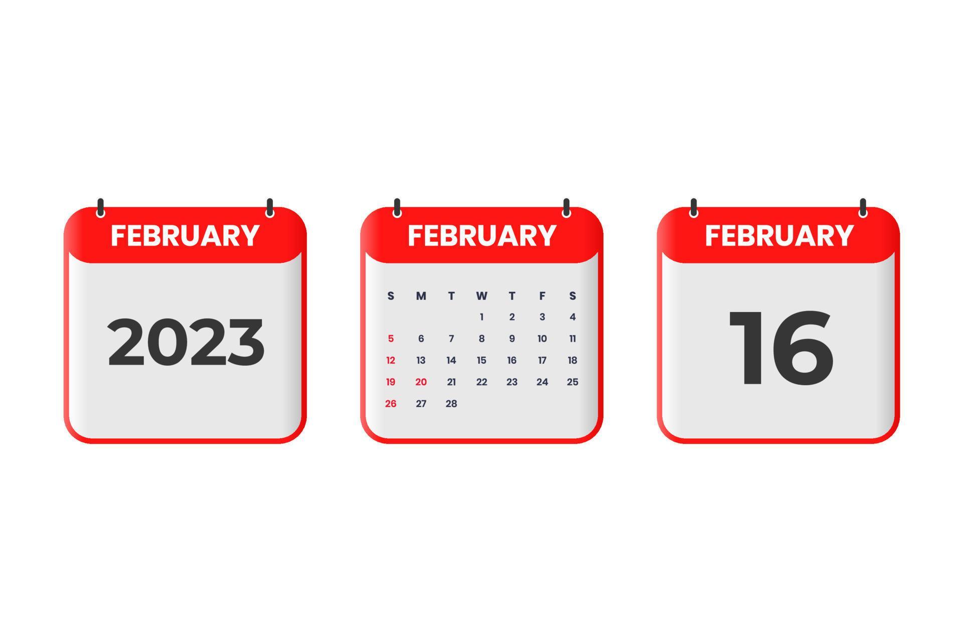 February 2023 calendar design. 16th February 2023 calendar icon for