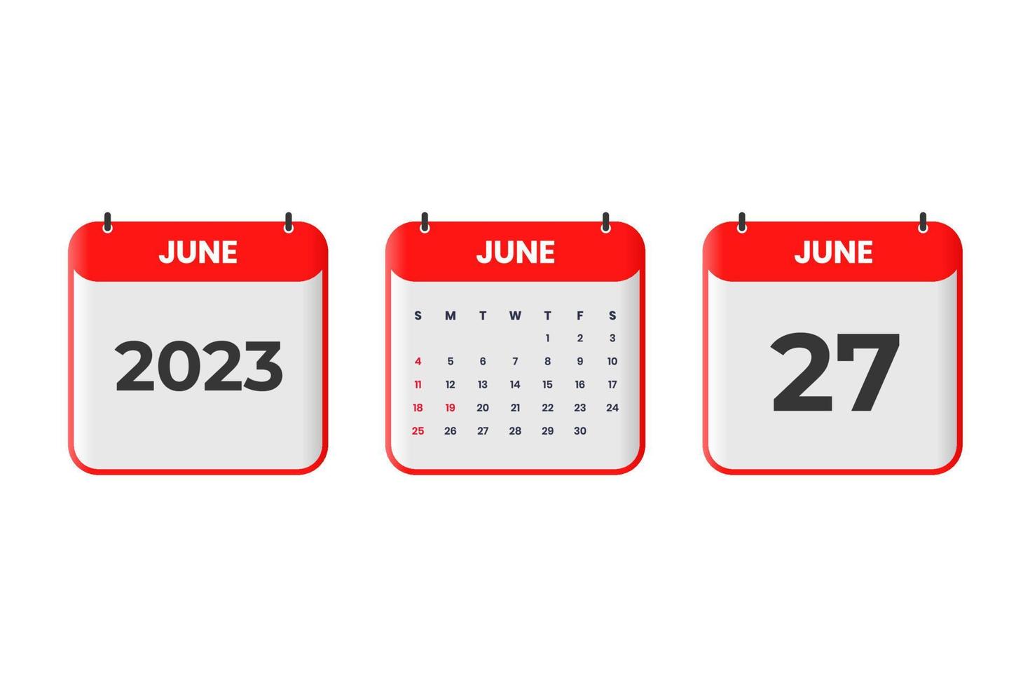 Diseño de calendario de junio de 2023. 27 de junio de 2023 icono de calendario para horario, cita, concepto de fecha importante vector