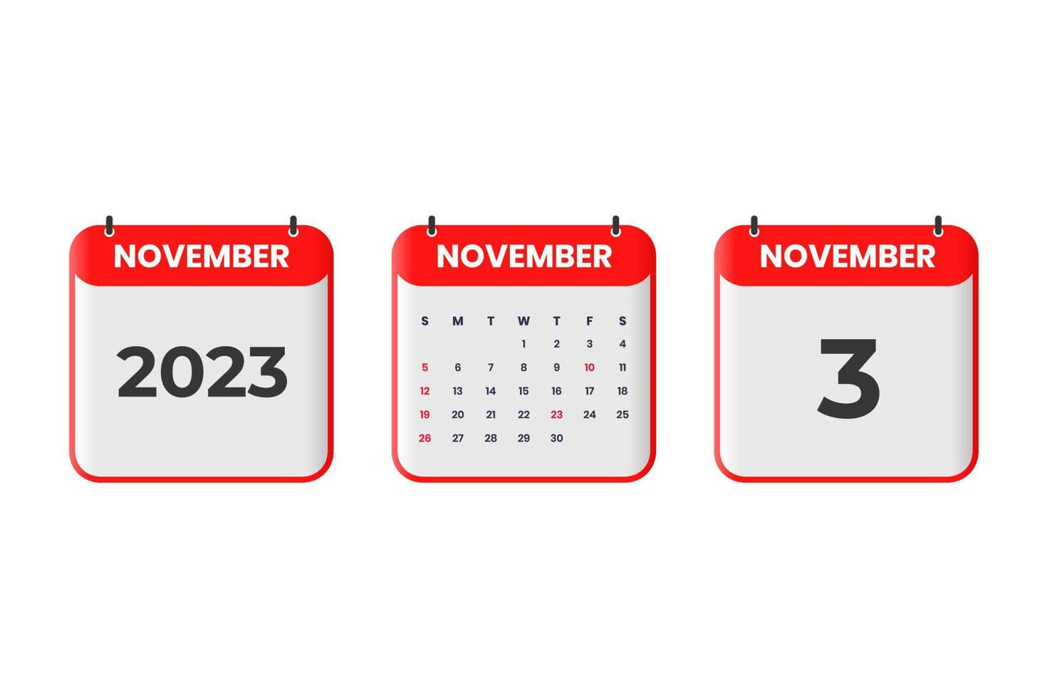 November 2023 calendar design. 3rd November 2023 calendar icon for