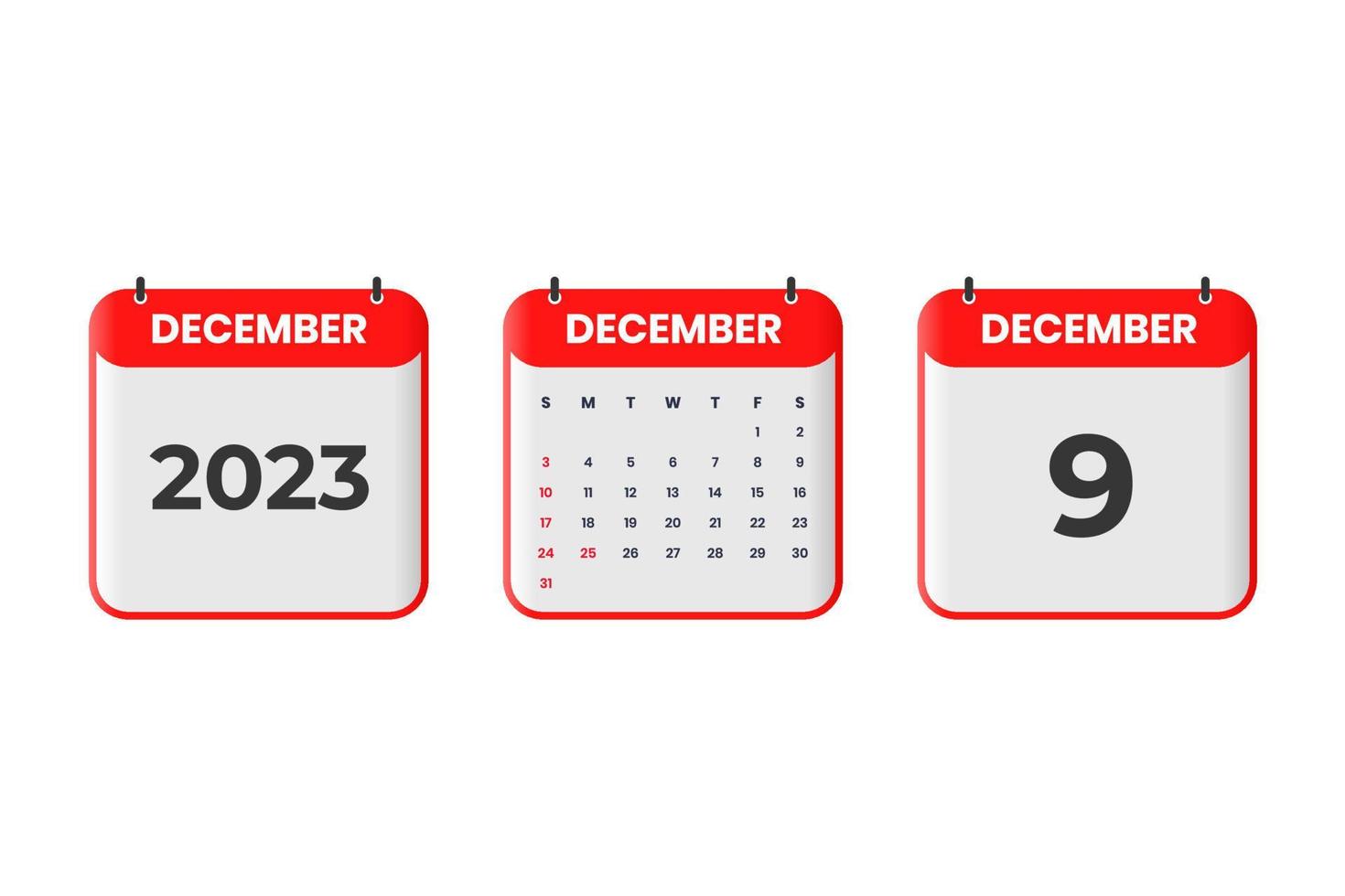 diseño de calendario de diciembre de 2023. 9 de diciembre de 2023 icono de calendario para horario, cita, concepto de fecha importante vector
