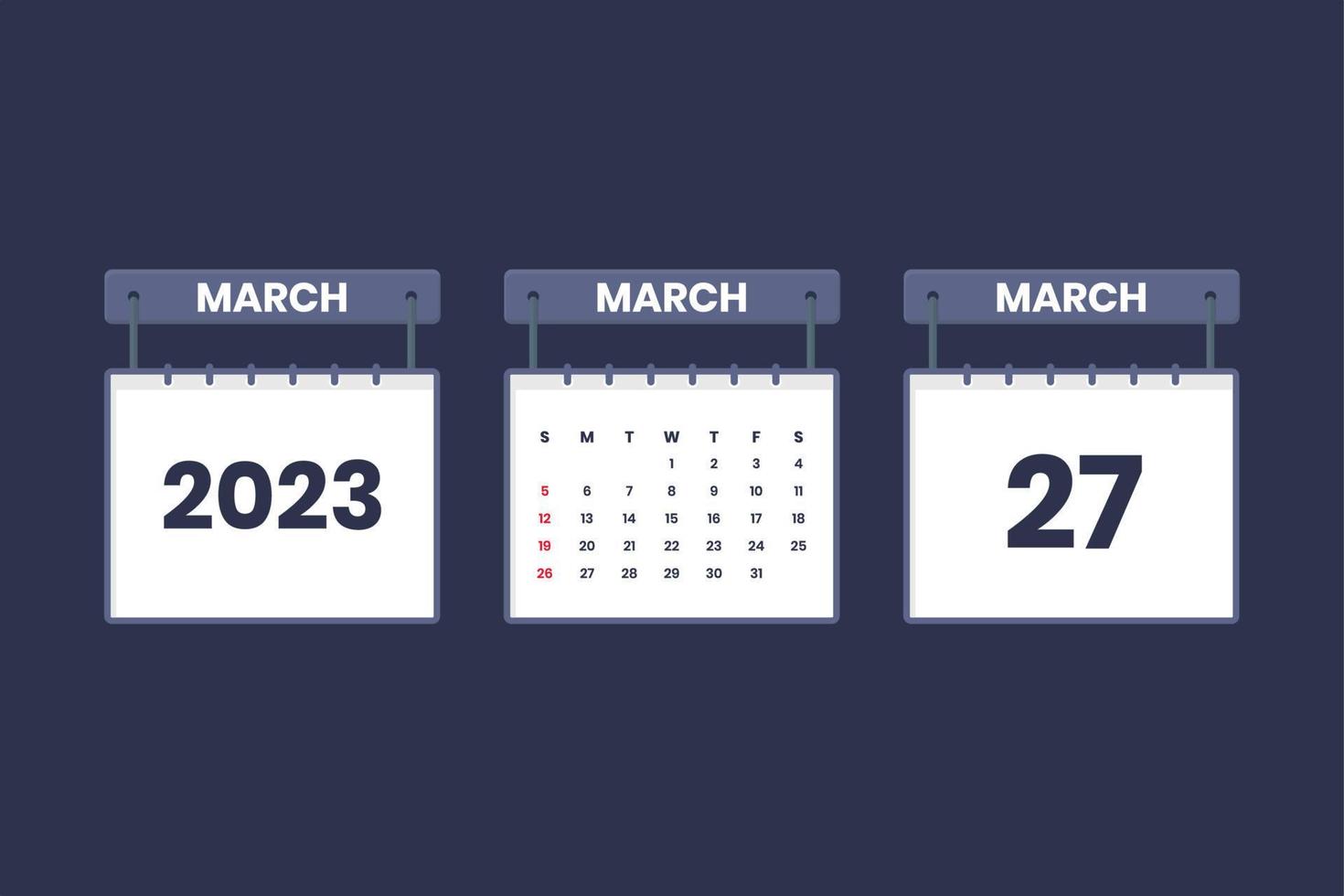 27 March 2023 calendar icon for schedule, appointment, important date concept vector
