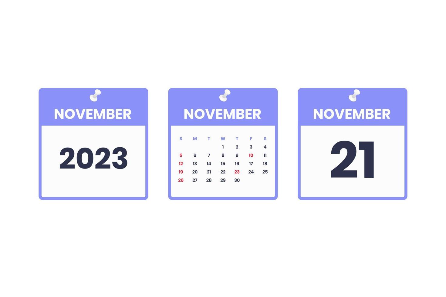 November calendar design. November 21 2023 calendar icon for schedule, appointment, important date concept vector