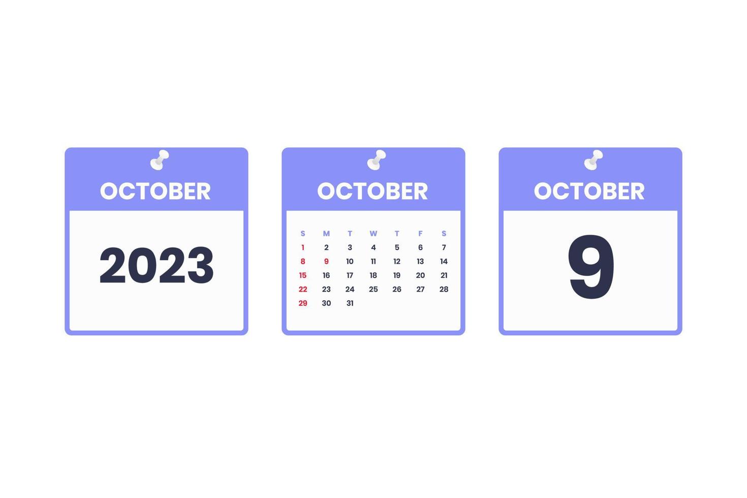 October calendar design. October 9 2023 calendar icon for schedule, appointment, important date concept vector
