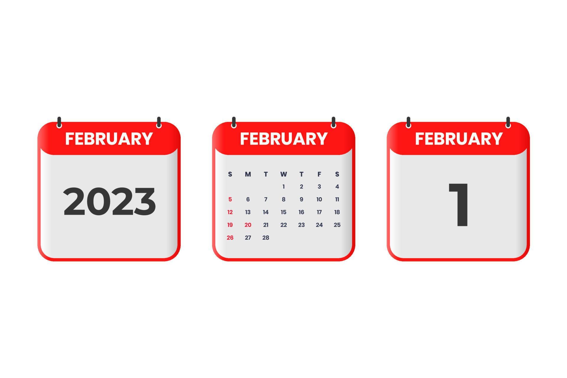 February 2023 calendar design. 1st February 2023 calendar icon for