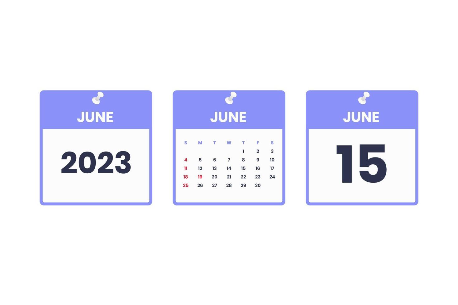 June calendar design. June 15 2023 calendar icon for schedule, appointment, important date concept vector