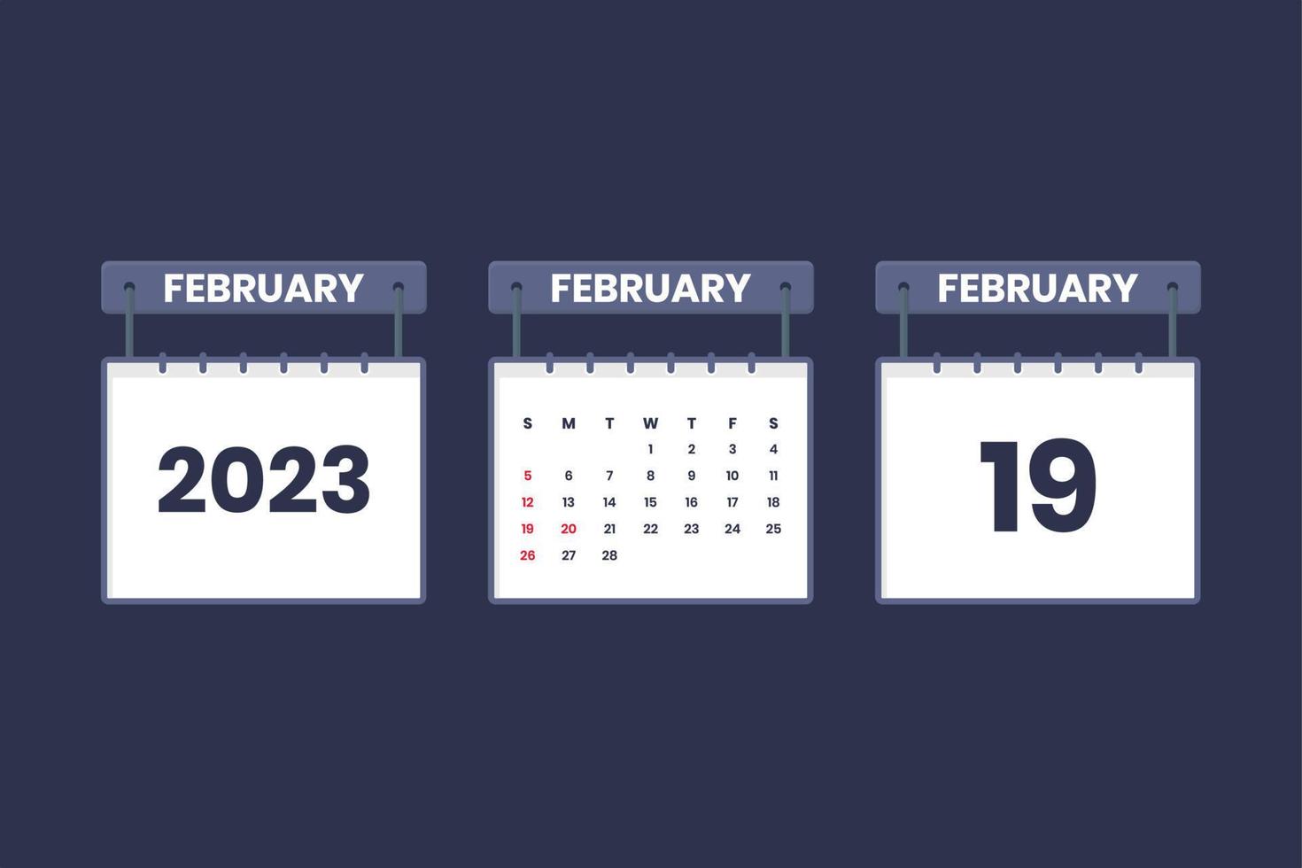 19 de febrero de 2023 icono de calendario para horario, cita, concepto de fecha importante vector