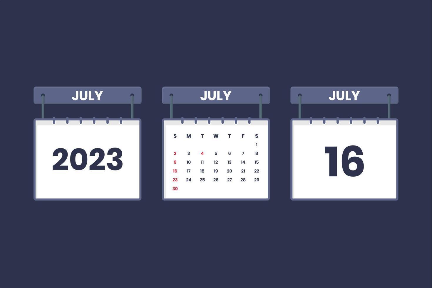 16 July 2023 calendar icon for schedule, appointment, important date concept vector