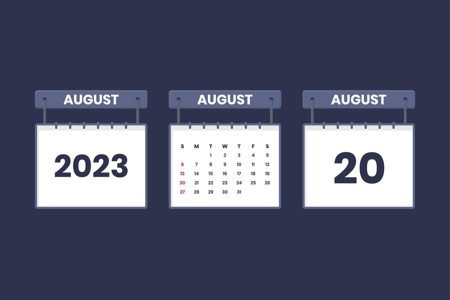 20 August 2023 calendar icon for schedule, appointment, important date concept vector