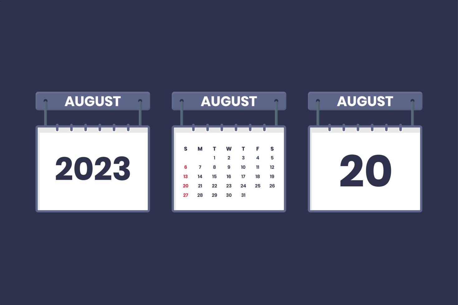 20 de agosto de 2023 icono de calendario para horario, cita, concepto de fecha importante vector