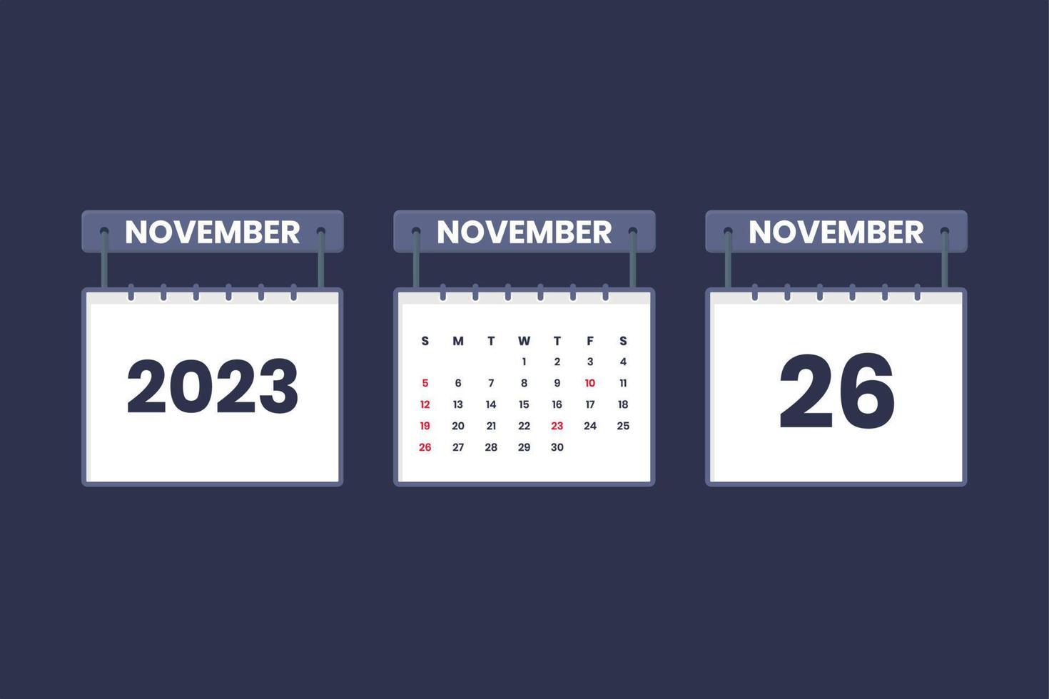 26 November 2023 calendar icon for schedule, appointment, important date concept vector
