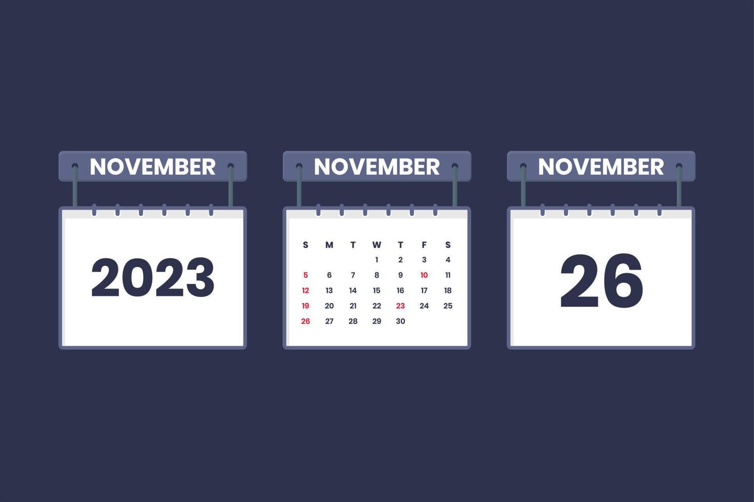 26 de noviembre de 2023 icono de calendario para horario, cita, concepto de fecha importante vector