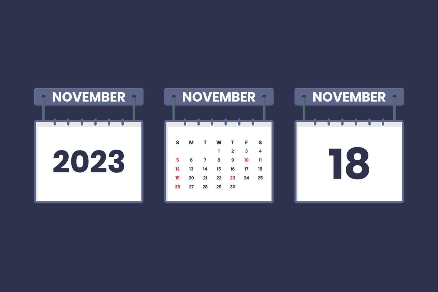 18 November 2023 calendar icon for schedule, appointment, important date concept vector