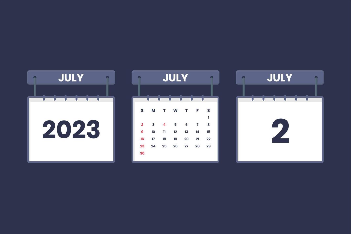 2 de julio de 2023 icono de calendario para horario, cita, concepto de fecha importante vector