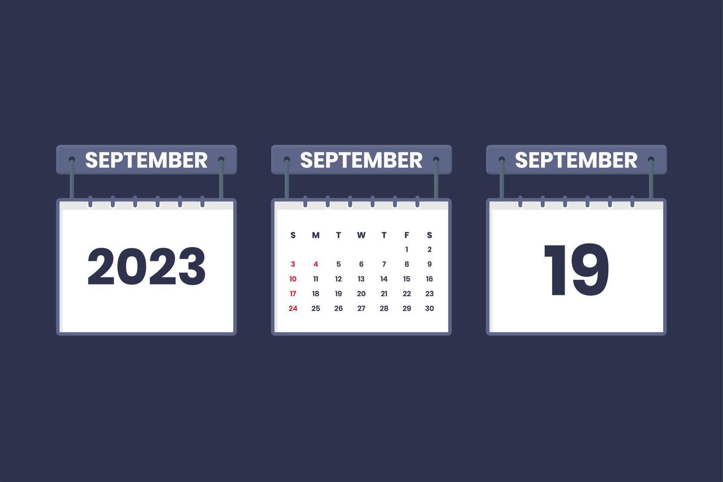 19 September 2023 calendar icon for schedule, appointment, important date concept vector