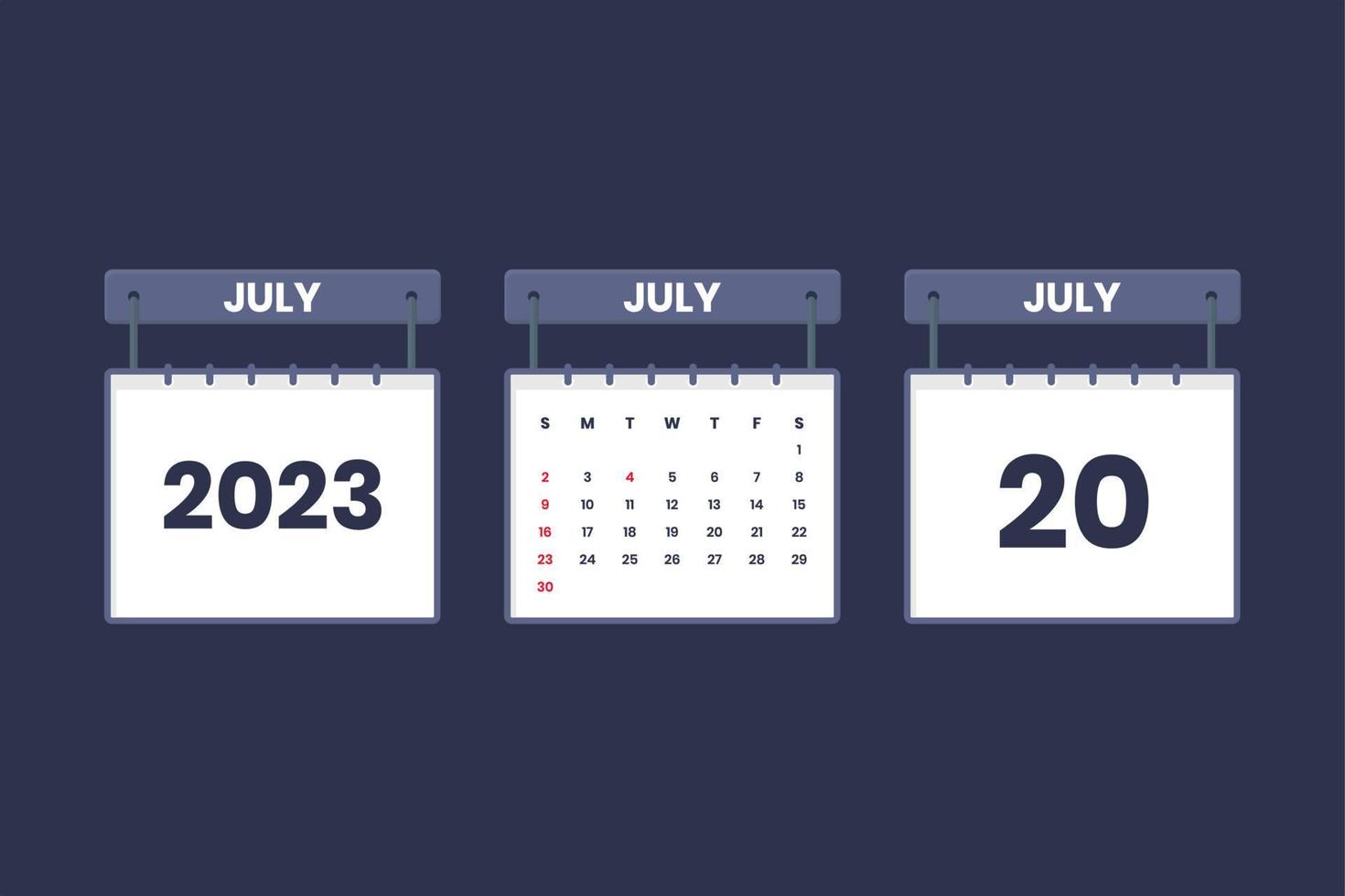 20 July 2023 calendar icon for schedule, appointment, important date concept vector