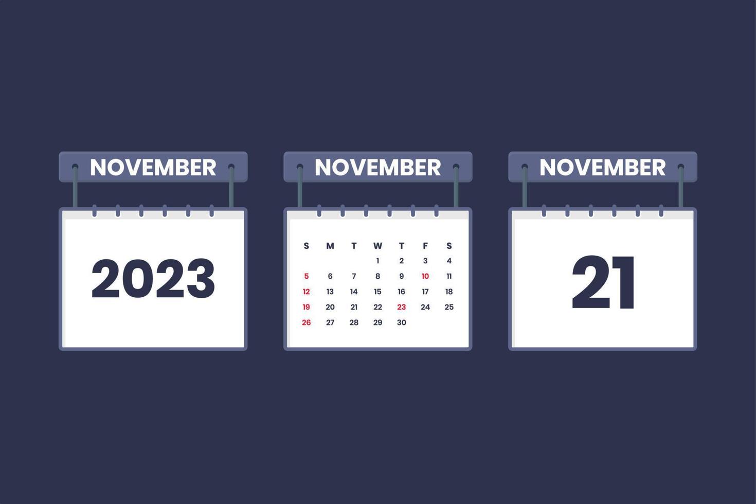 21 de noviembre de 2023 icono de calendario para horario, cita, concepto de fecha importante vector