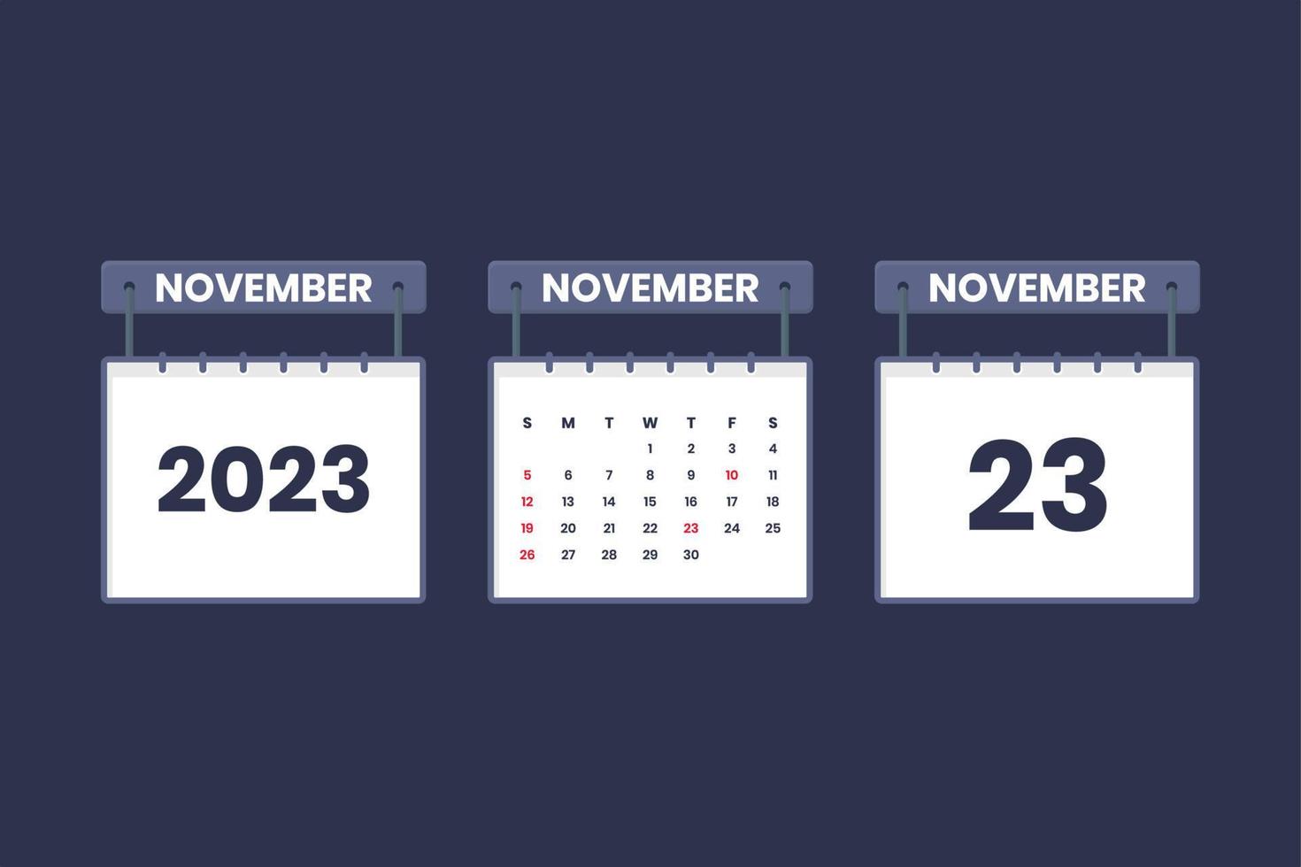 23 de noviembre de 2023 icono de calendario para horario, cita, concepto de fecha importante vector