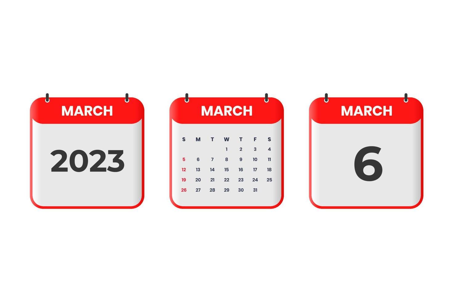 March 2023 calendar design. 6th March 2023 calendar icon for schedule, appointment, important date concept vector