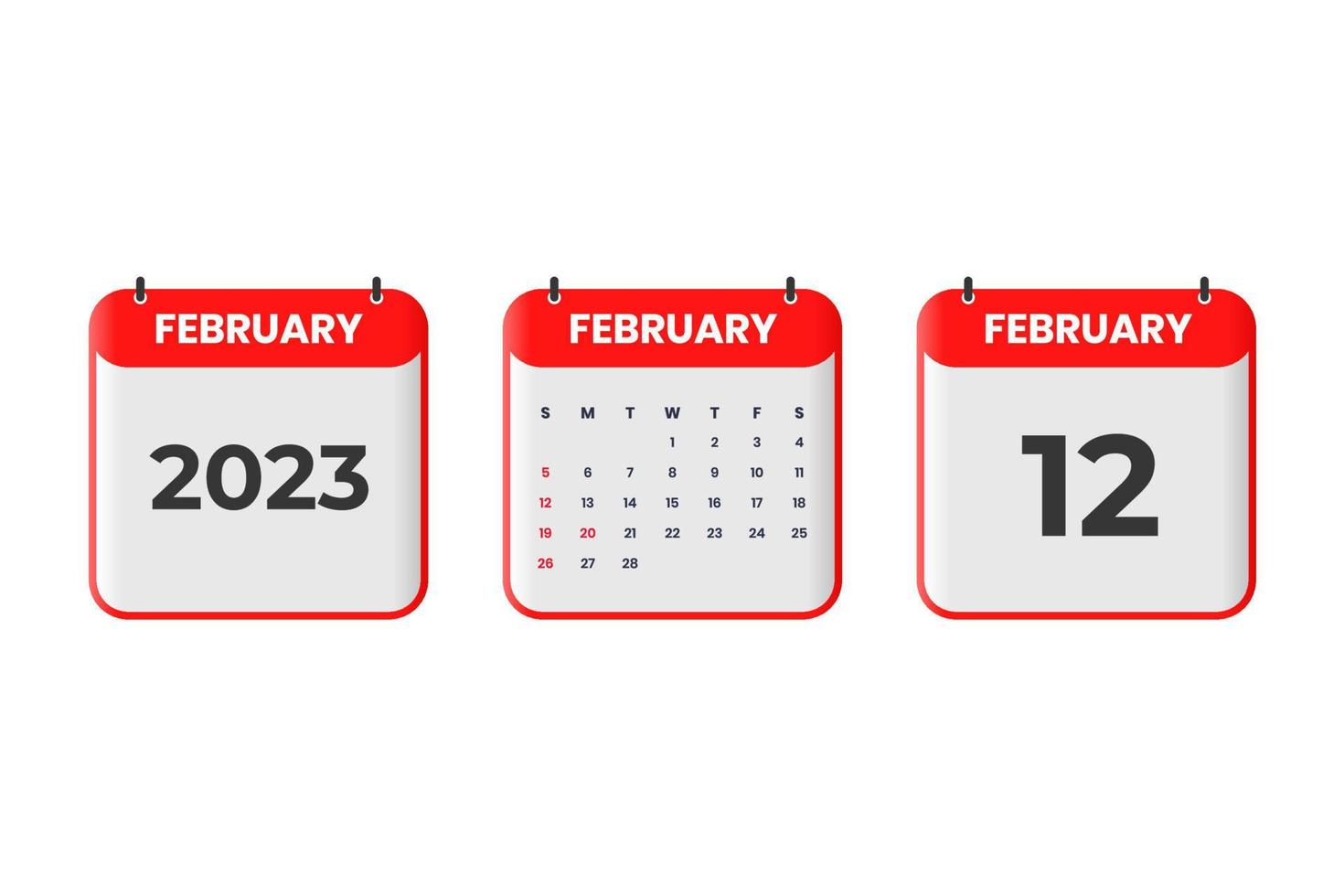 diseño de calendario de febrero de 2023. 12 de febrero de 2023 icono de calendario para horario, cita, concepto de fecha importante vector