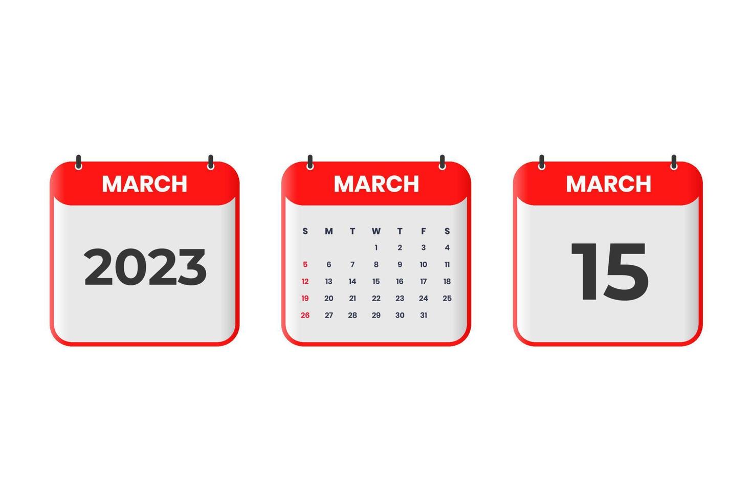 March 2023 calendar design. 15th March 2023 calendar icon for schedule, appointment, important date concept vector