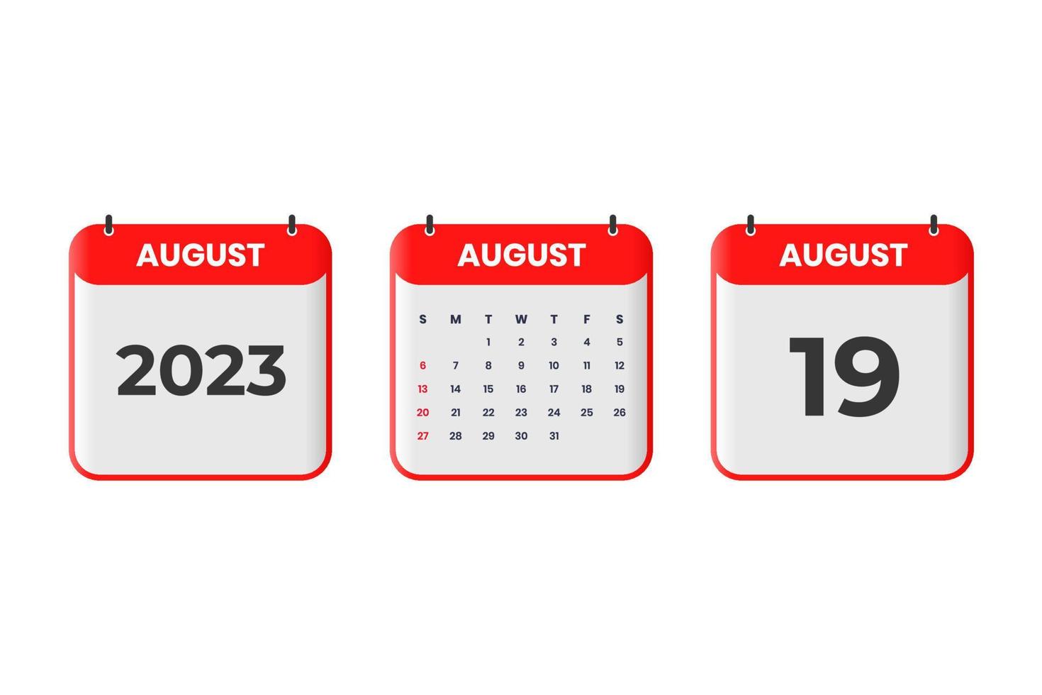 August 2023 calendar design. 19th August 2023 calendar icon for schedule, appointment, important date concept vector