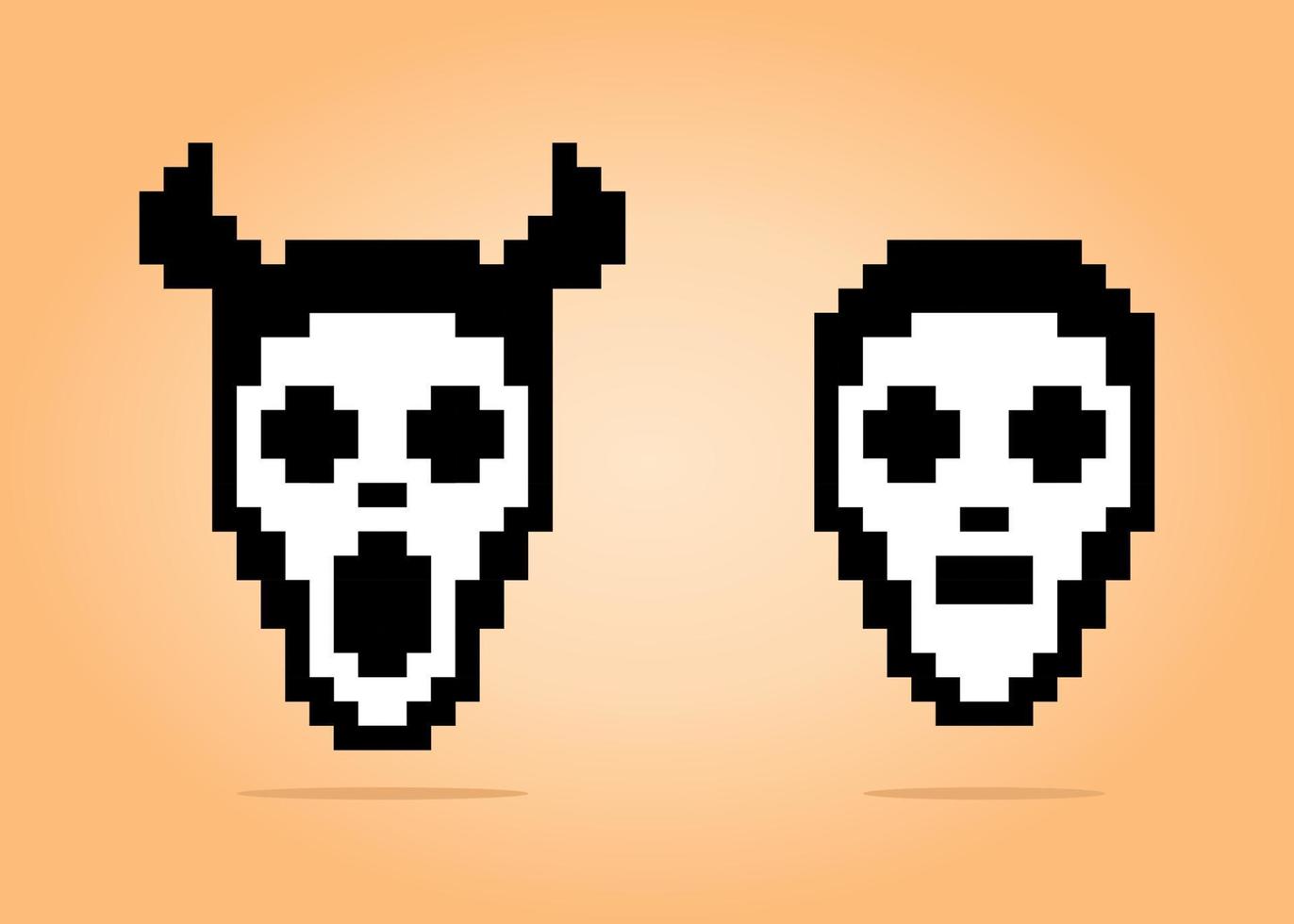 Píxeles de 8 bits de máscara facial aterradora. disfraces de halloween para juegos de activos y patrones de punto de cruz en ilustraciones vectoriales. vector