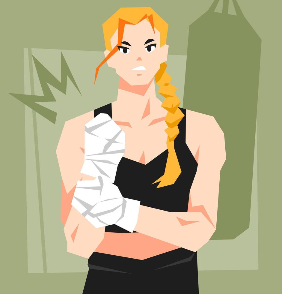 illustration of female fighter with angry expression. boxing bag background, punching bag. concept of boxing, fighter, kickboxing, self-defense, sports, etc. flat vector style