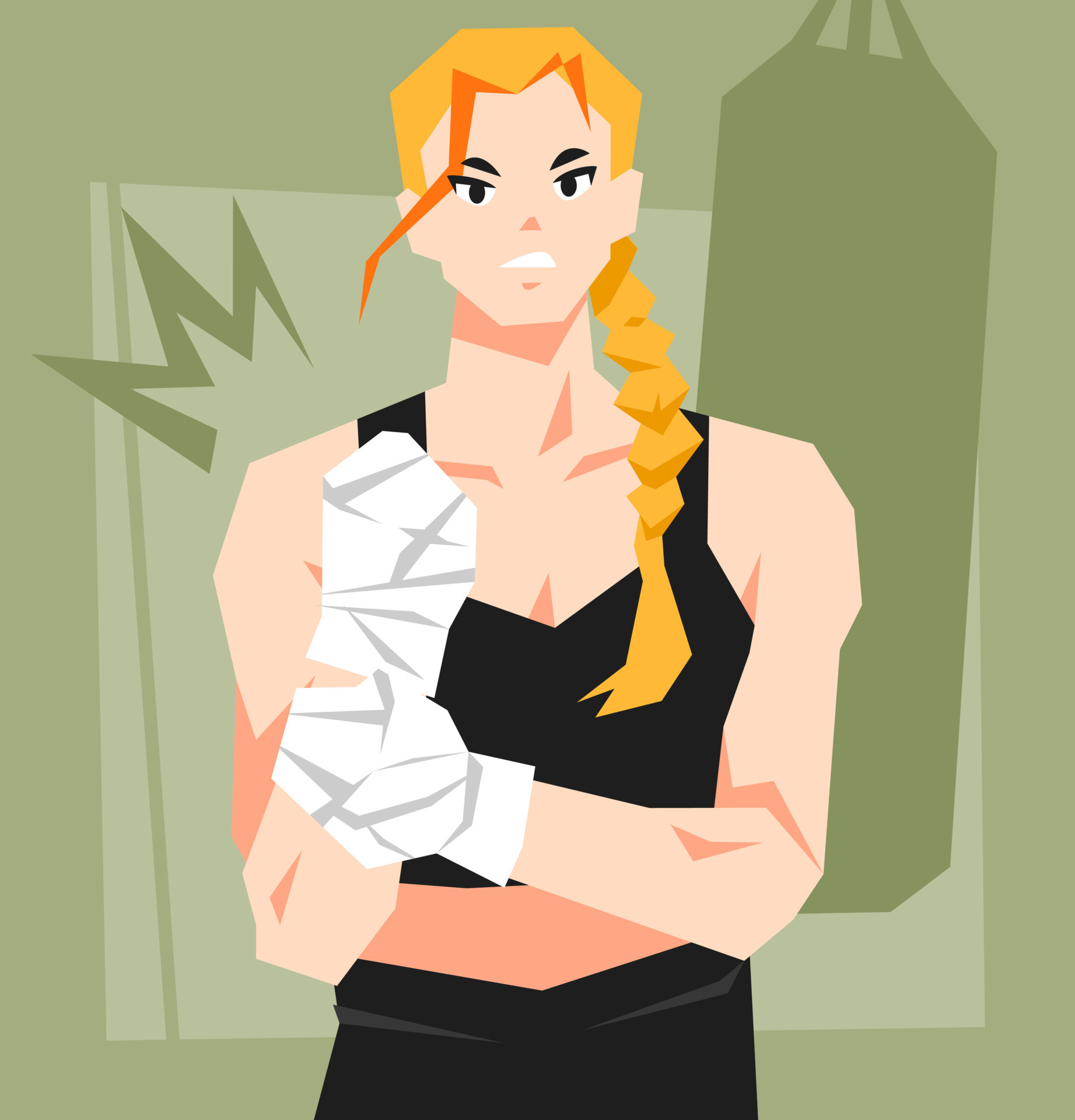 illustration of female fighter with angry expression. boxing bag