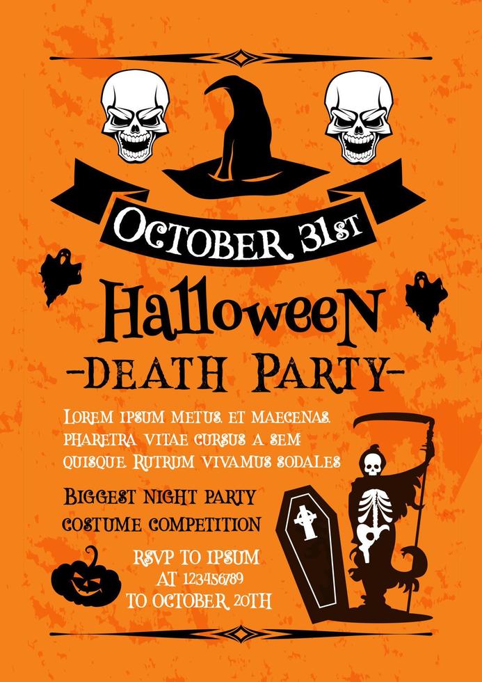 Halloween party poster with skull and witch hat vector