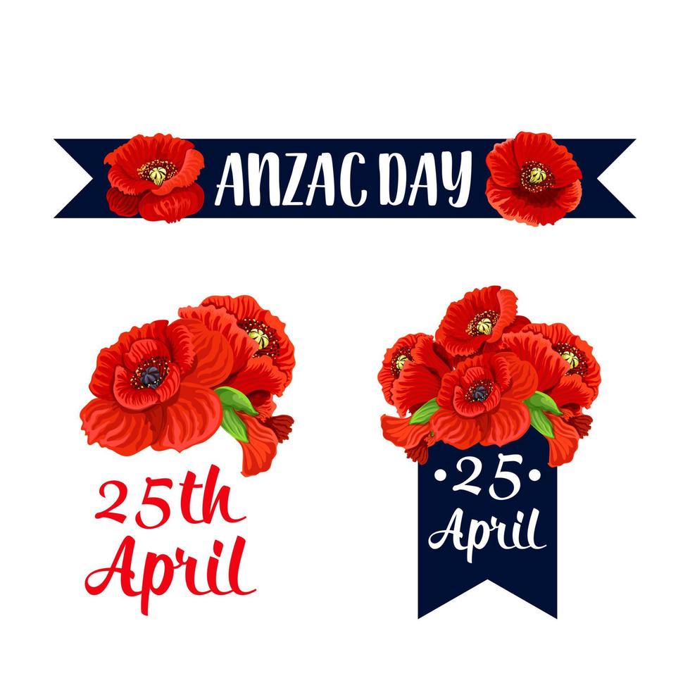 día de anzac 25 de abril iconos de vector de amapola roja