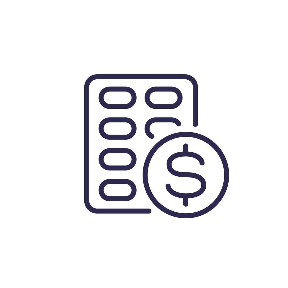 medication cost line icon, pills and money vector