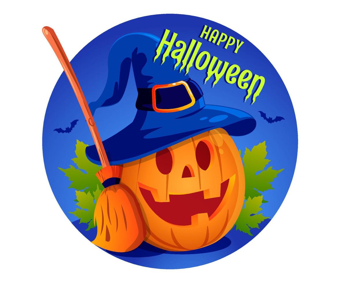 happy halloween with pumpkin wearing witch hat vector