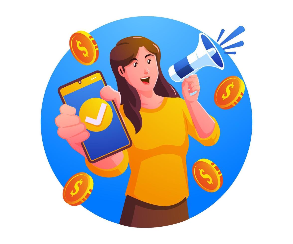 a woman holding smartphone and megaphone with dollar coins flying around vector