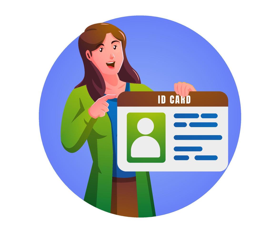 a woman holding ID, name tag, identity card with personal information, national identification document, passport, driver's license. vector
