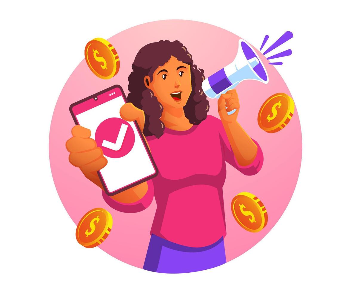 una mujer sosteniendo un teléfono inteligente y un megáfono con monedas de dólar volando vector
