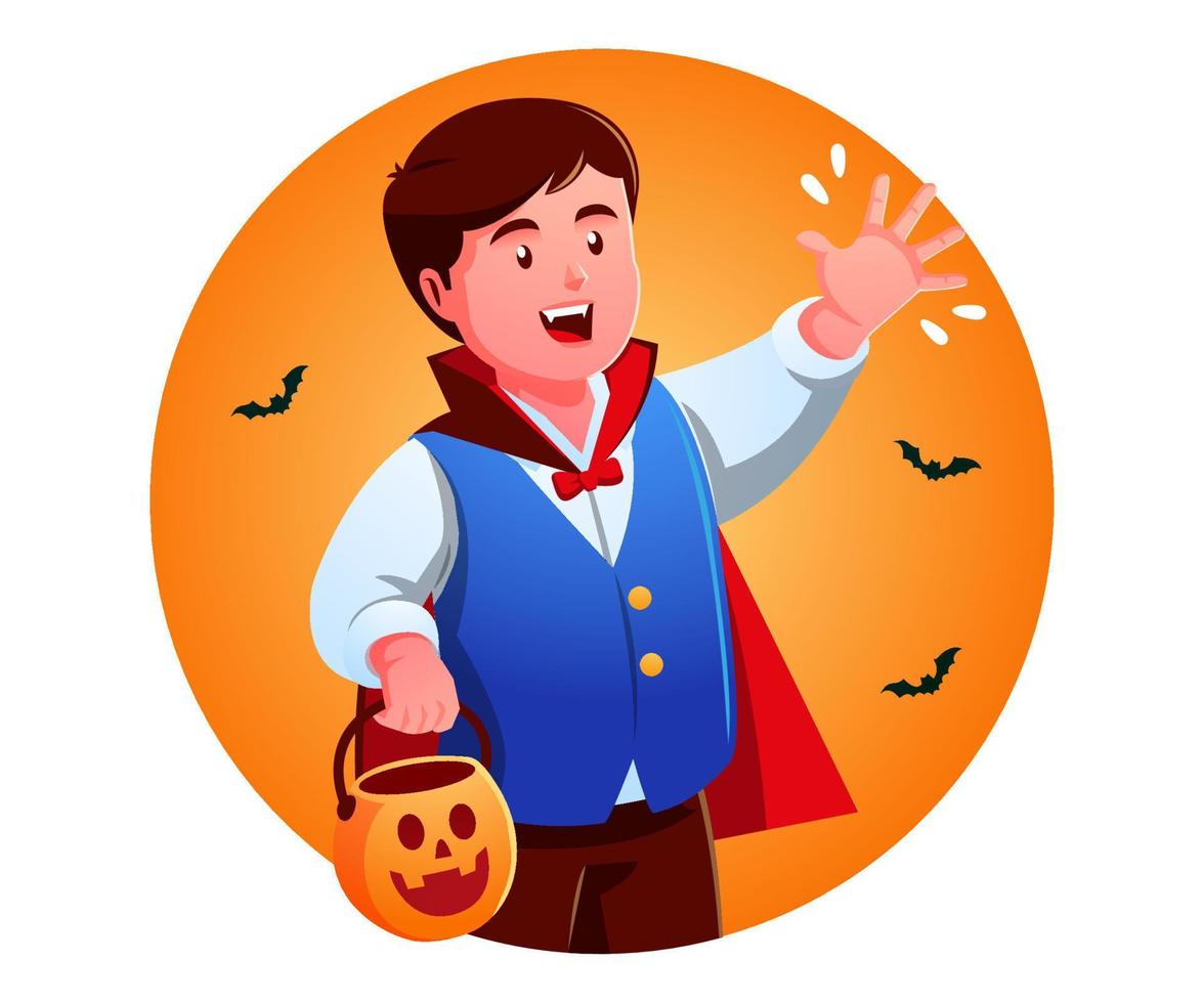 niño pequeño celebrando feliz halloween con uniforme de drácula vector