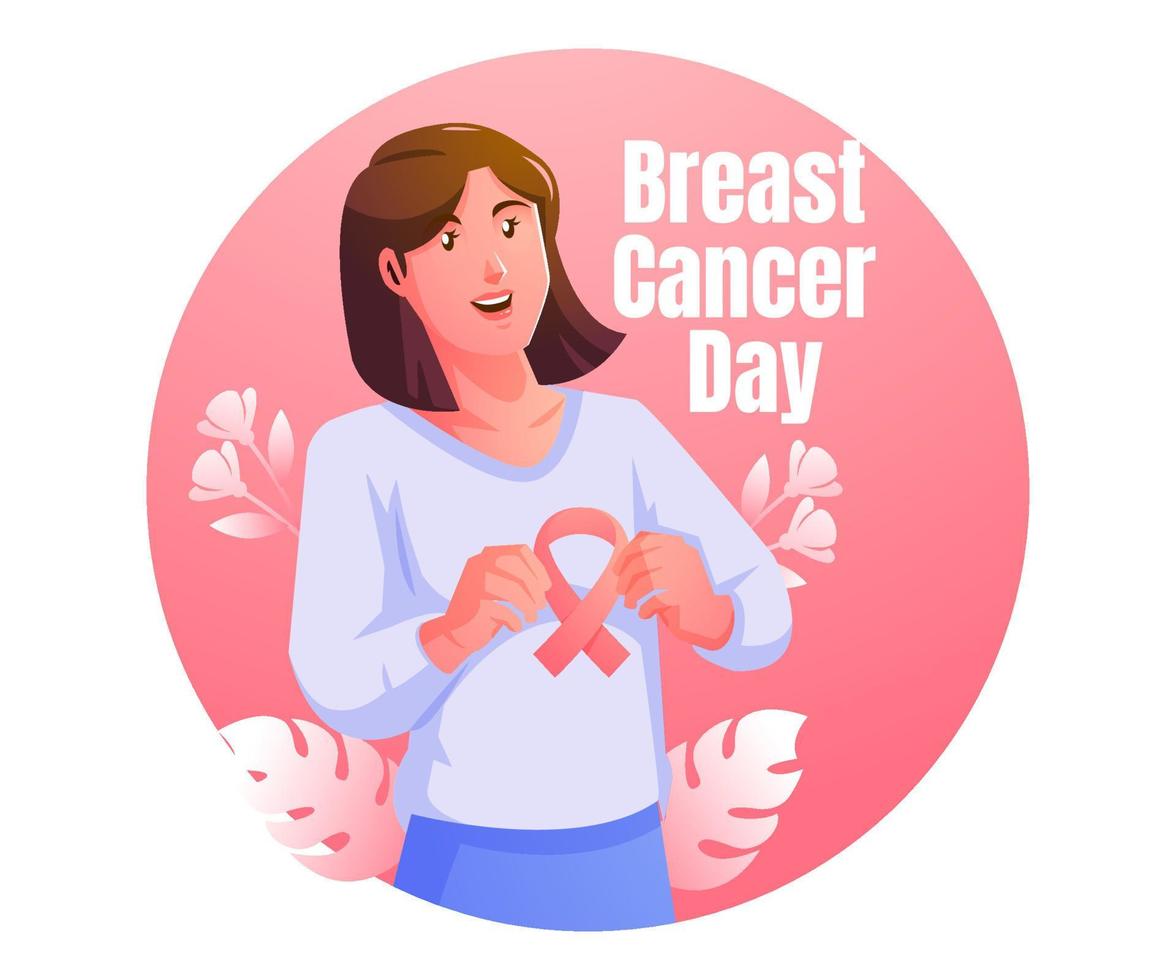 A smiling woman with pink satin ribbon symbolizing International Breast Cancer Day vector