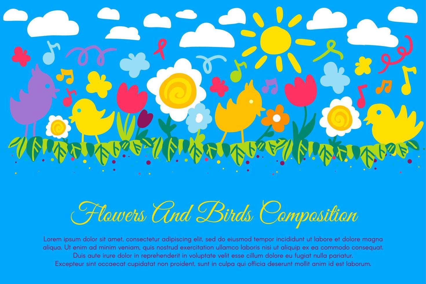Birds and flowers flat banner with copyspace vector