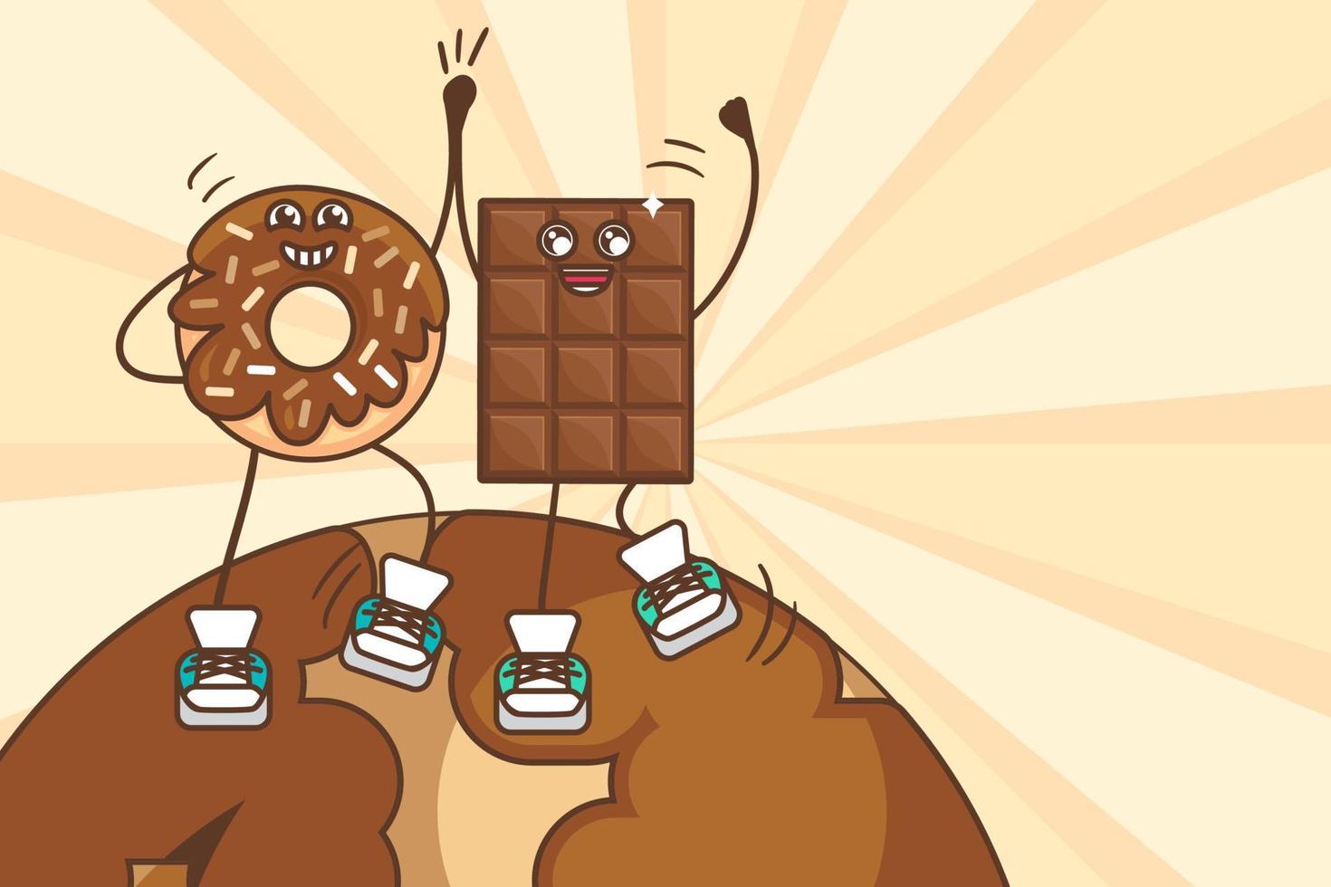 ilustración del día mundial del chocolate con personajes bailando rosquillas dulces y barras de chocolate vector