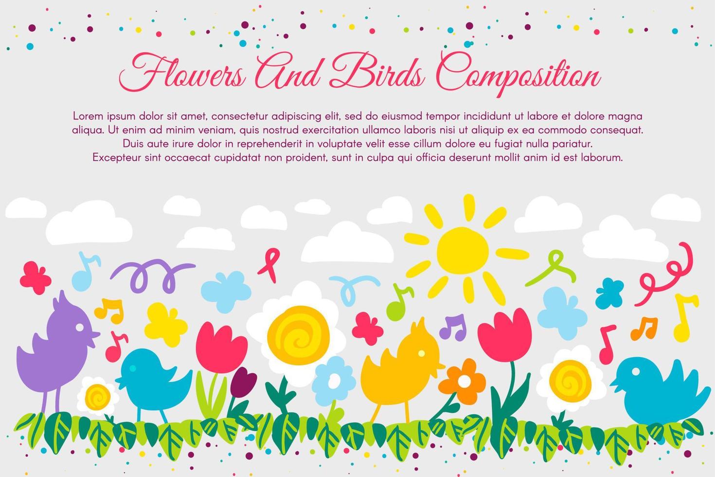 Birds and flowers flat banner with copyspace vector